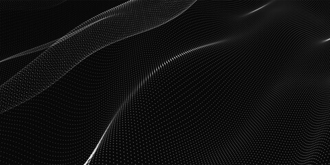Fototapete - Futuristic dot wave. Abstract digital particle wave. Black and white music wave. Dark background. Digital background with smooth wavy curves. 3D rendering
