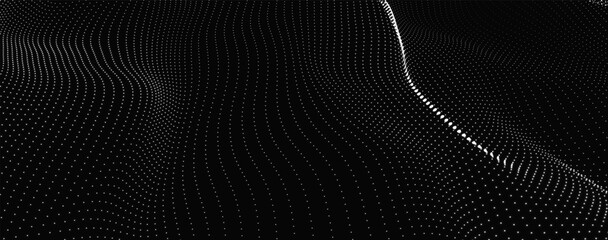 Fototapete - Futuristic dot wave. Abstract digital particle wave. Black and white music wave. Dark background. Digital background with smooth wavy curves. 3D rendering