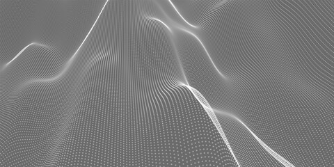 Fototapete - Futuristic dot wave. Abstract digital particle wave. Black and white music wave. Light background. Digital background with smooth wavy curves. 3D illustration