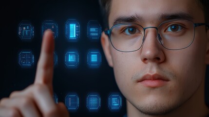 Poster - Young man with glasses interacting with futuristic digital interface showcasing technology and data visualization concepts