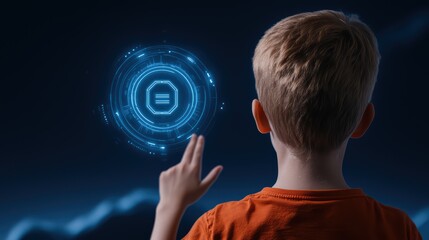 Poster - Curious child explores futuristic technology, interacting with holographic interface in a digital landscape background