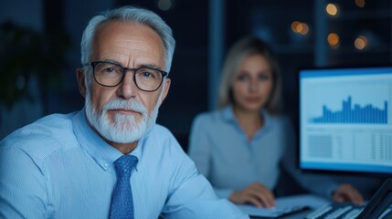 Poster - Professional elderly man with glasses working in modern office at night with female colleague and financial graphs in background
