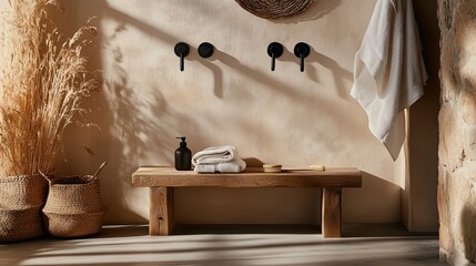 Poster - Contemporary bathroom with natural decor featuring wooden bench and minimalist accessories