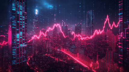Poster - Stock market analysis and trading platform with neon city skyline and financial data graph overlay