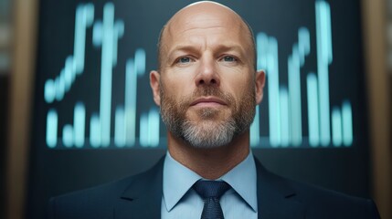 Poster - Professional business executive portrait with stock market data background showcasing confidence and leadership qualities