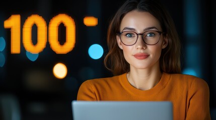 Poster - Young woman in glasses working on laptop at night with glowing digital numbers in background representing data or finance