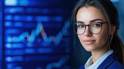 Poster - Confident young woman in glasses posing in office with financial data visualization behind her, representing success and growth