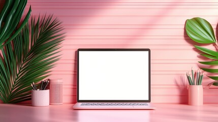 Poster - Modern workspace with laptop on pink table surrounded by greenery, perfect for creative projects and remote work setups