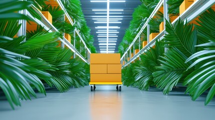 Poster - Bright and Modern Warehouse Interior with Greenery and Yellow Storage Cart Among Leafy Plants and Shelving Units