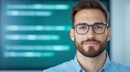 Poster - Confident young man in glasses smiling in a modern office environment with technology in the background