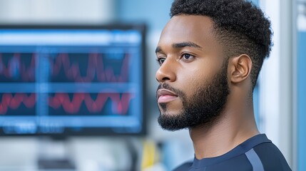 Poster - Focused African American Male Researcher Analyzing Data in Modern Laboratory with Graphs in Background