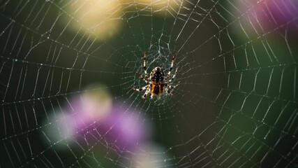 Spider in its web, intricate pattern, against blurred garden backdrop
