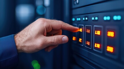 Poster - Hand Adjusting Control Panel on Modern Server Equipment with Illuminated Indicators in Data Center Environment
