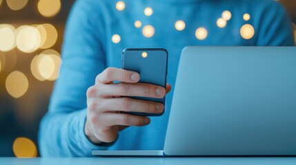 Poster - Person using smartphone in front of laptop with glowing bokeh lights in a cozy indoor setting