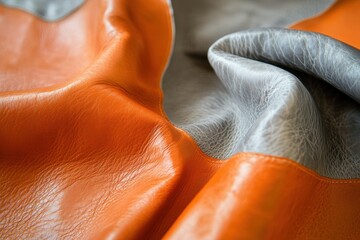 Poster - Elegant close-up view of textured leather in orange and gray tones showcasing intricate details and craftsmanship