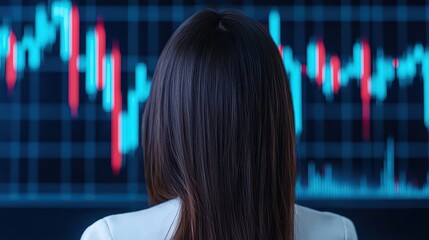 Poster - Woman Analyzing Stock Market Trends with Digital Chart in Background, Financial Investment Concept, Trading Insights
