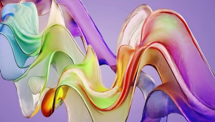 Poster - abstract flowing ribbons in rainbow colors on soft lavender background, 3d render with translucent texture for web design, print poster, branding element, digital art, or wallpaper use

