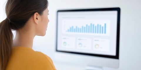 Fototapete - Young woman with long brown hair is analyzing data on a computer screen, showcasing graphs and charts in a modern workspace, reflecting professional growth and analysis