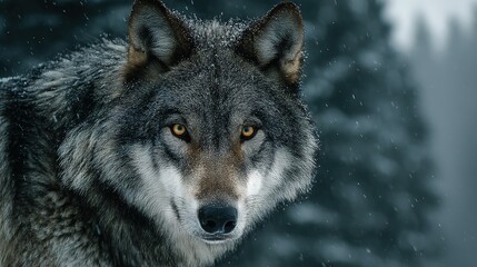    A close-up photo of a wolf with snowfall in the foreground and trees in the background