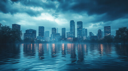 Poster - Cityscape reflection on water with dark clouds and skyscrapers in teal and blue tones wallpaper design