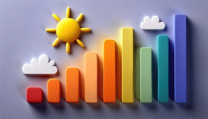 Poster - bright abstract sun and colorful 3d bar chart on blue textured background for summer spf skincare concept, ideal for infographic, web banner, product label, branding, or health article use

