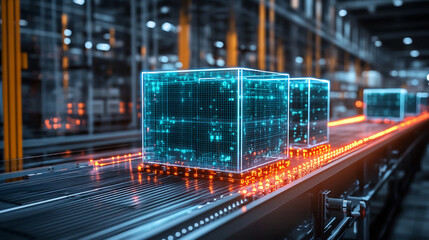 Poster - Automated warehouse conveyor belt with digital cubes for iot and industry automation technology