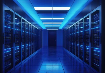 Aufkleber - Futuristic data center with glowing blue ceiling lights and mirrored rows of modern servers in a high tech corridor, ideal for technology, networking, and cloud computing themes