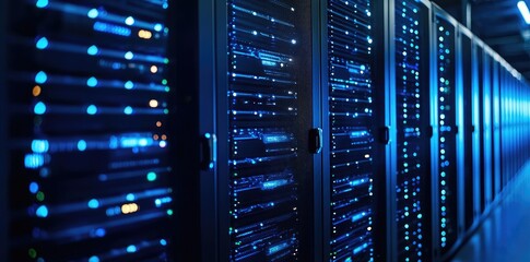 Aufkleber - Long row of illuminated modern server cabinets with blinking blue indicator lights in a clean futuristic data center, perfect for cloud, storage, and network infrastructure concepts
