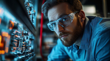 Poster - Engineer inspecting circuit board wearing safety glasses for electronics repair analysis tech job