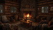 © Adam - Cozy Cabin Interior Rustic Fireplace, Warm Lighting, and Comfortable Seating