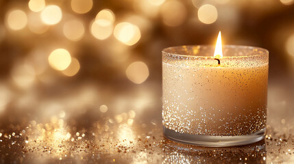 Poster - Golden candle light flame burning bright with bokeh background for festive holiday celebration mood 100