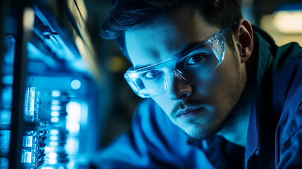 Poster - Engineer working on computer hardware wearing safety glasses in blue light setting for technology industry