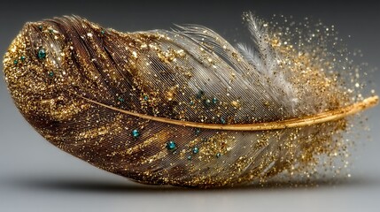 Wall Mural - close-up image of a feather featuring gold flecks on its back against a pure white background, highl