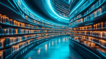 Poster - Futuristic library books knowledge learning education technology digital information data science ai concept