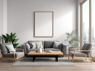 Aufkleber - Modern living room interior with grey furniture, light wood coffee table, potted plants, and a blank white frame on the wall, ideal for mockups, real estate, or decor concepts