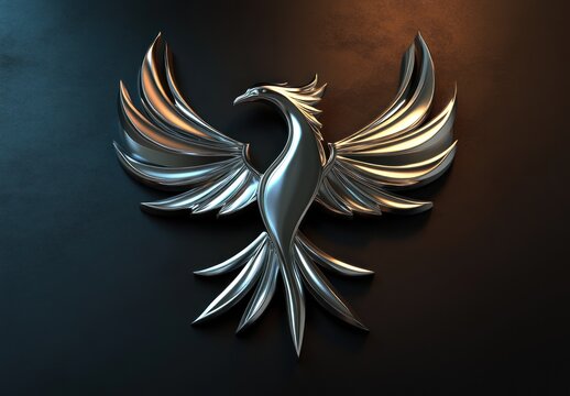 Metallic phoenix emblem, stylized, 3D rendering
