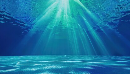 Poster - underwater sunlight beams illuminating tranquil blue ocean floor with rippled reflections for web design, meditation theme, nature branding, or background in wellness and aquatic projects


