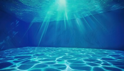 Poster - underwater sunlight beams illuminating tranquil blue ocean floor with rippled reflections for web design, meditation theme, nature branding, or background in wellness and aquatic projects

