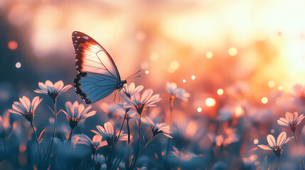 Poster - Beautiful butterfly on daisy flowers nature photography wallpaper background desktop image hd stock photo