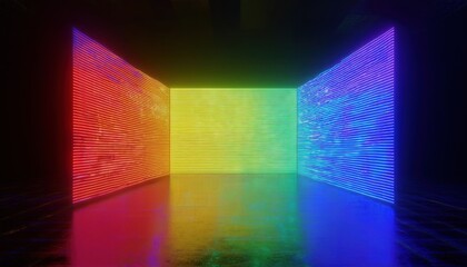 Poster - vivid digital corridor with glowing led light panels in full spectrum colors reflecting on glossy floor, perfect for web design, technology branding, modern interface or digital backdrop

