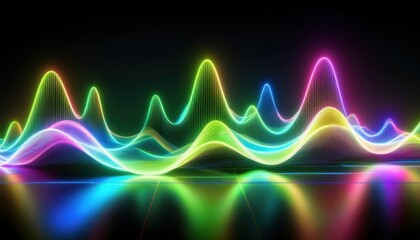 Aufkleber - vibrant neon waveform curve glowing in darkness with rainbow color spectrum and smooth gradient reflection for abstract web design, futuristic branding, or dynamic digital print background


