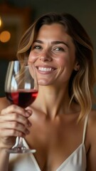 Poster - A woman holds a glass of red wine, possibly enjoying a relaxing evening or celebrating a special occasion