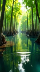 Aufkleber - A serene river flows through a dense forest surrounded by tall trees