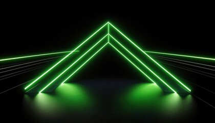 Poster - glowing green neon triangle with futuristic laser lines on black background for tech poster, digital wallpaper, edm album cover, or cyber themed branding concept

