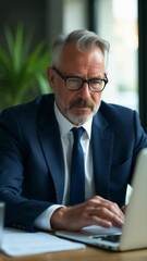 Poster - Businessman using laptop outdoors, possibly during lunch break or at a coffee shop
