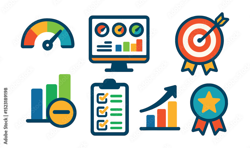 Flat vector icons of performance metrics and KPIs: performance ...