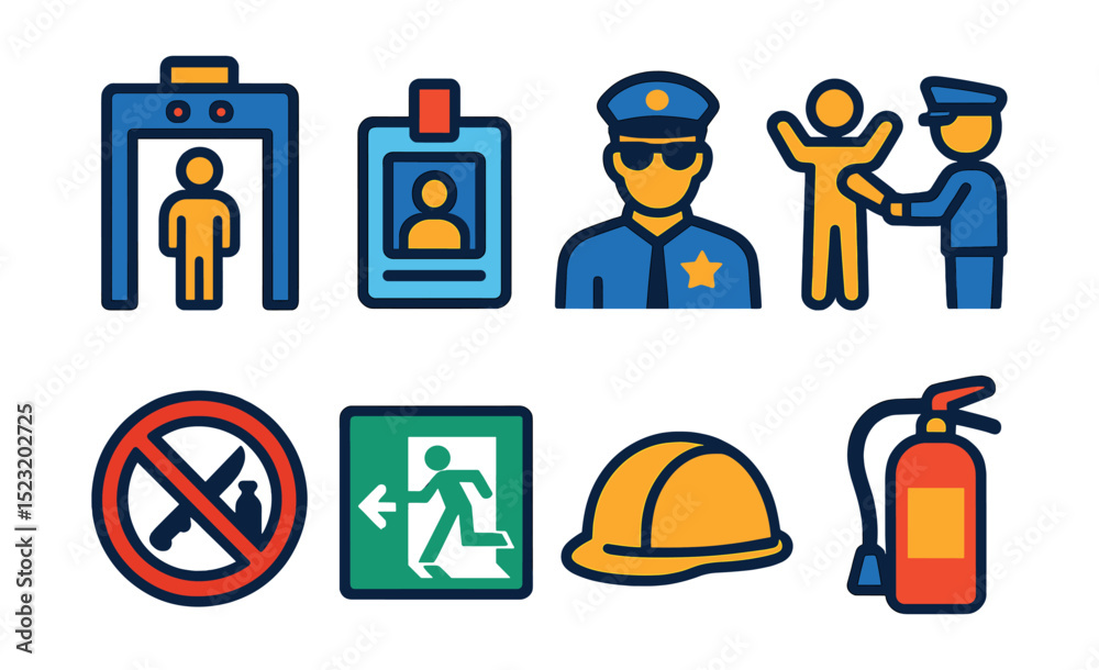 Flat vector icons of airport security: metal detector icon, X-ray