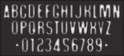 Poster - Hand drawn font consisting of dots, points. Simple font with the theme of computer games, digital technologies, pixels. Set of letters and numbers of the Latin alphabet. No AI used