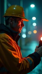 Poster - A worker in a hard hat holds his cell phone, likely taking a call or checking messages