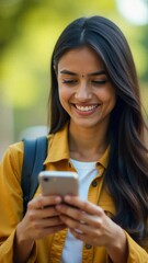 Poster - A woman with a warm smile looks down at her cell phone, possibly checking messages or social media